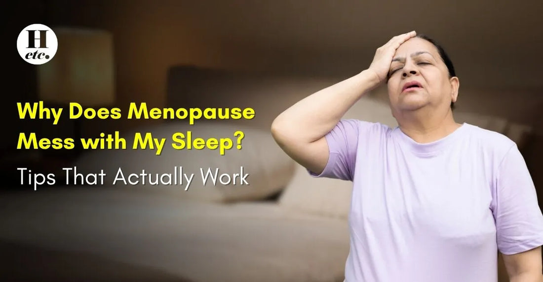 Frustrated middle-aged woman experiencing menopause-related sleep issues, with helpful tips for better rest
