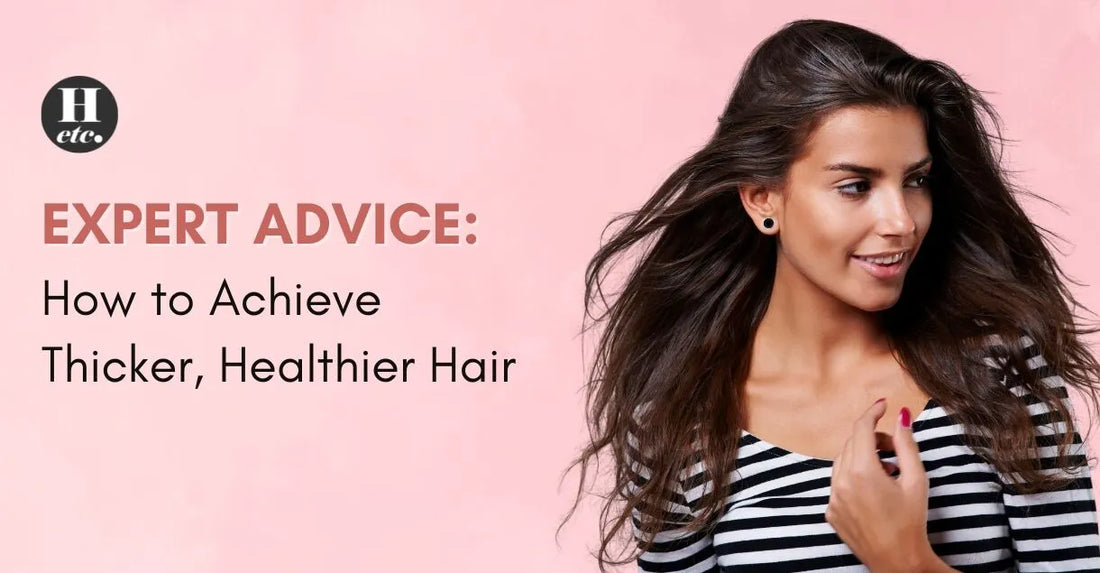 Smiling woman with thick, healthy hair in striped shirt, representing expert advice on achieving thicker, healthier hair