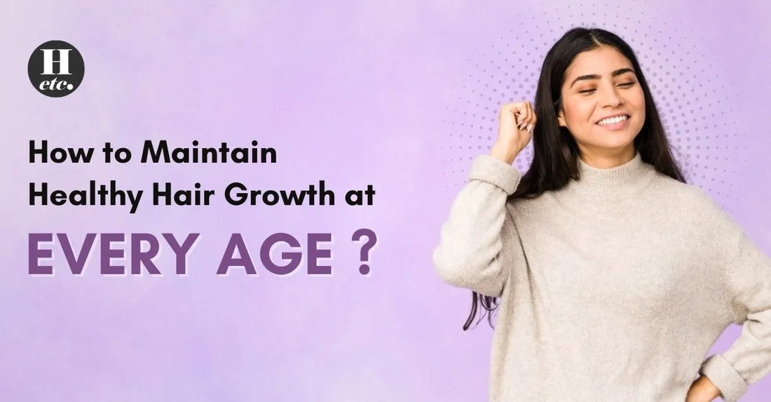 Woman with long healthy hair on purple background, representing tips on maintaining healthy hair growth at every age