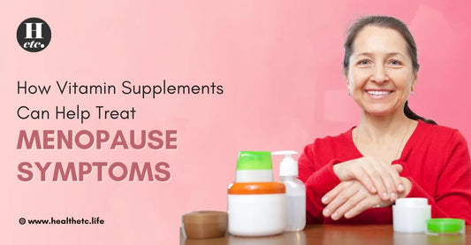 Middle-aged woman in red top with vitamin supplements on table, representing how vitamins help treat menopause symptoms