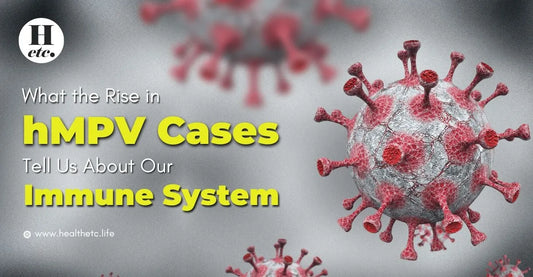 Illustration of virus particles with text about the rise in hMPV cases and its link to immune system health on a grey background