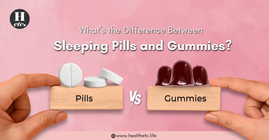Comparison of sleeping pills and gummies held by hands, illustrating the difference between sleep supplements on a pink background